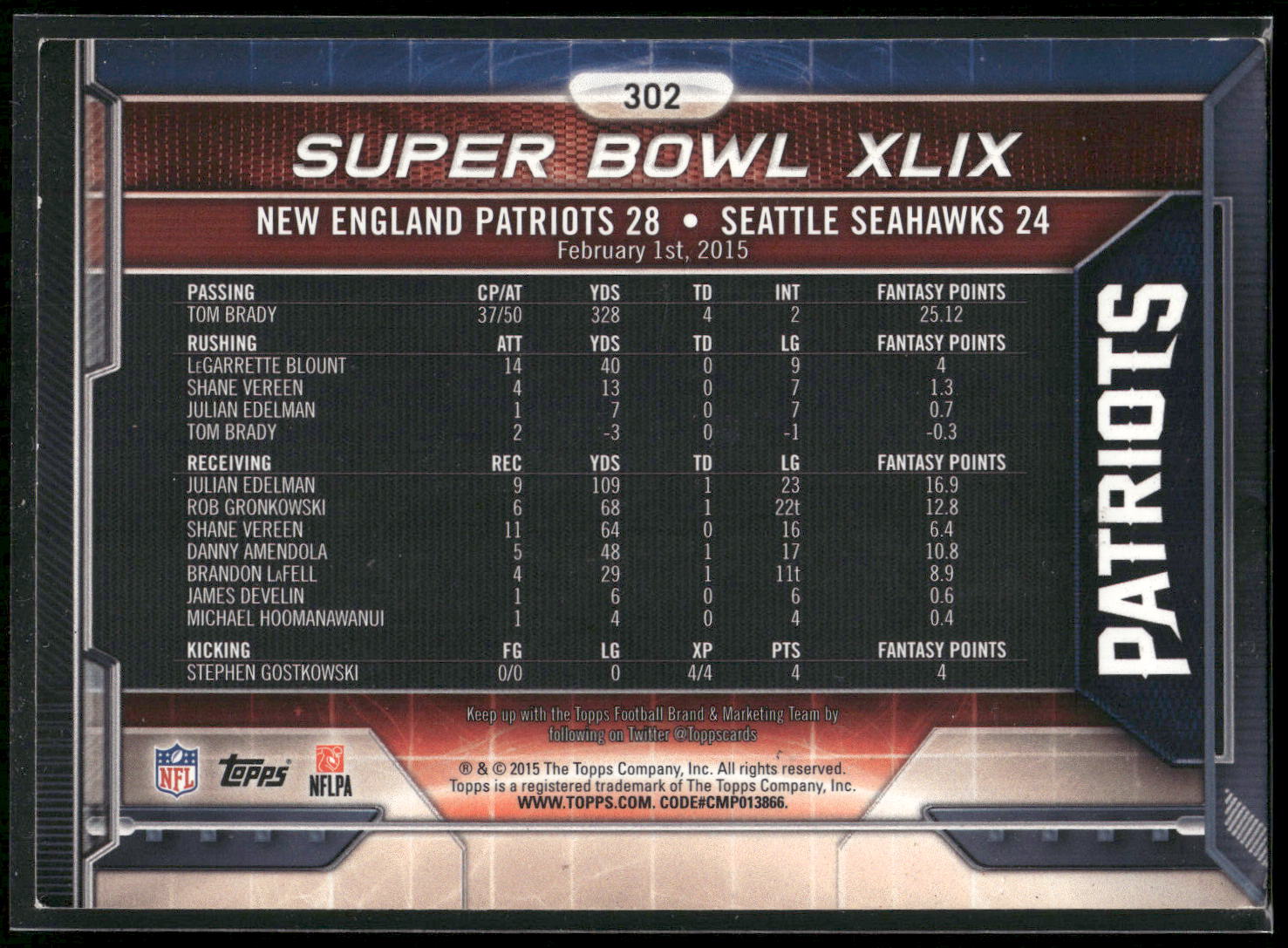 2015 Topps #302 Super Bowl XLIX Champions