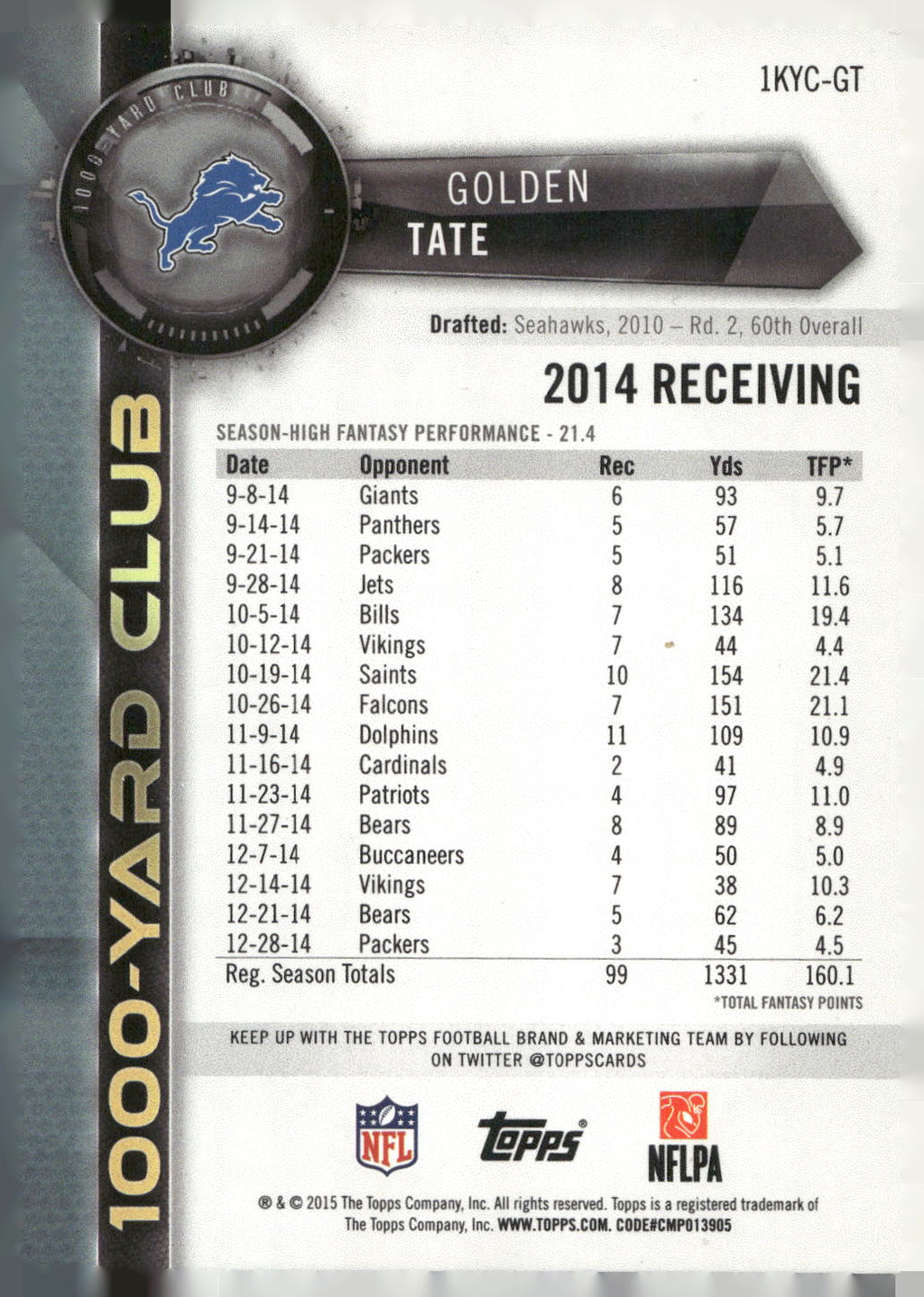 2015 Topps #1KYC-GT Golden Tate 1000 Yard Club