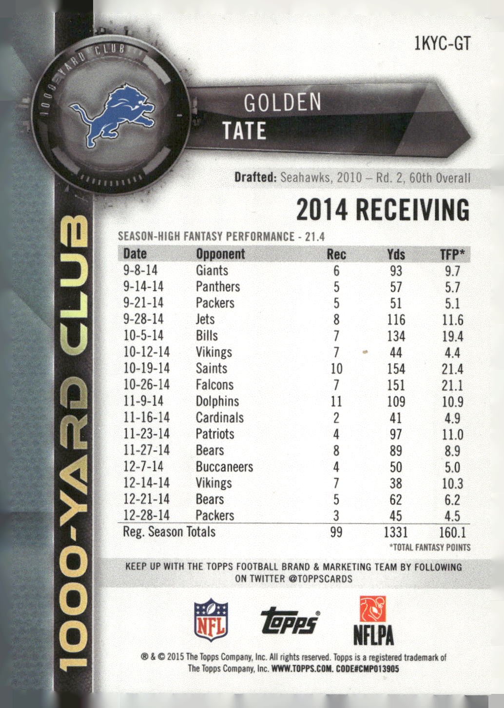 2015 Topps #1KYC-GT Golden Tate 1000 Yard Club
