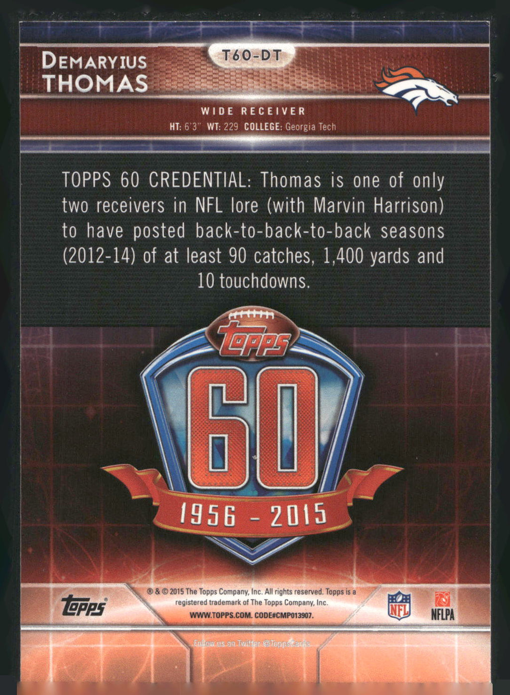 2015 Topps #T60-DT Demaryius Thomas 60th Anniversary