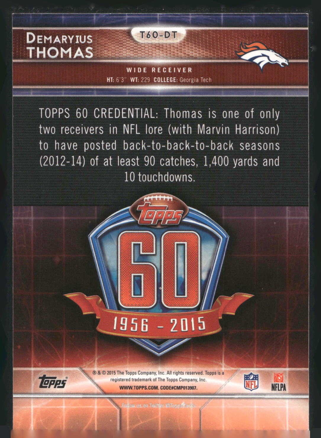 2015 Topps #T60-DT Demaryius Thomas 60th Anniversary
