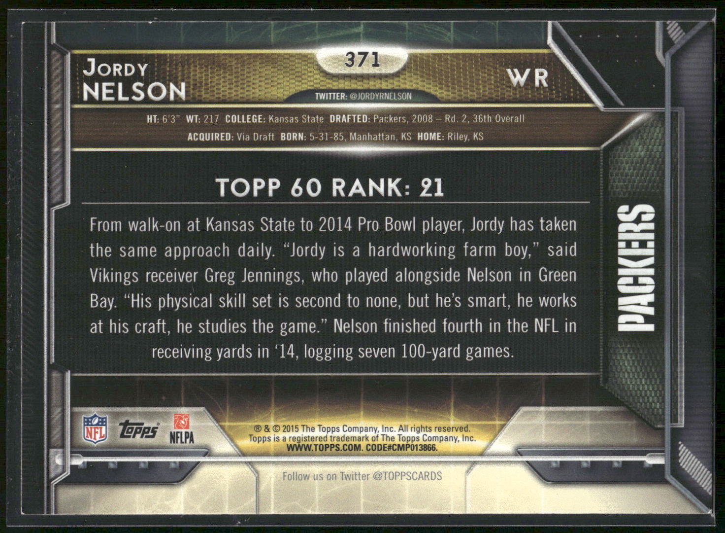 2015 Topps #371 Jordy Nelson 60th Anniversary