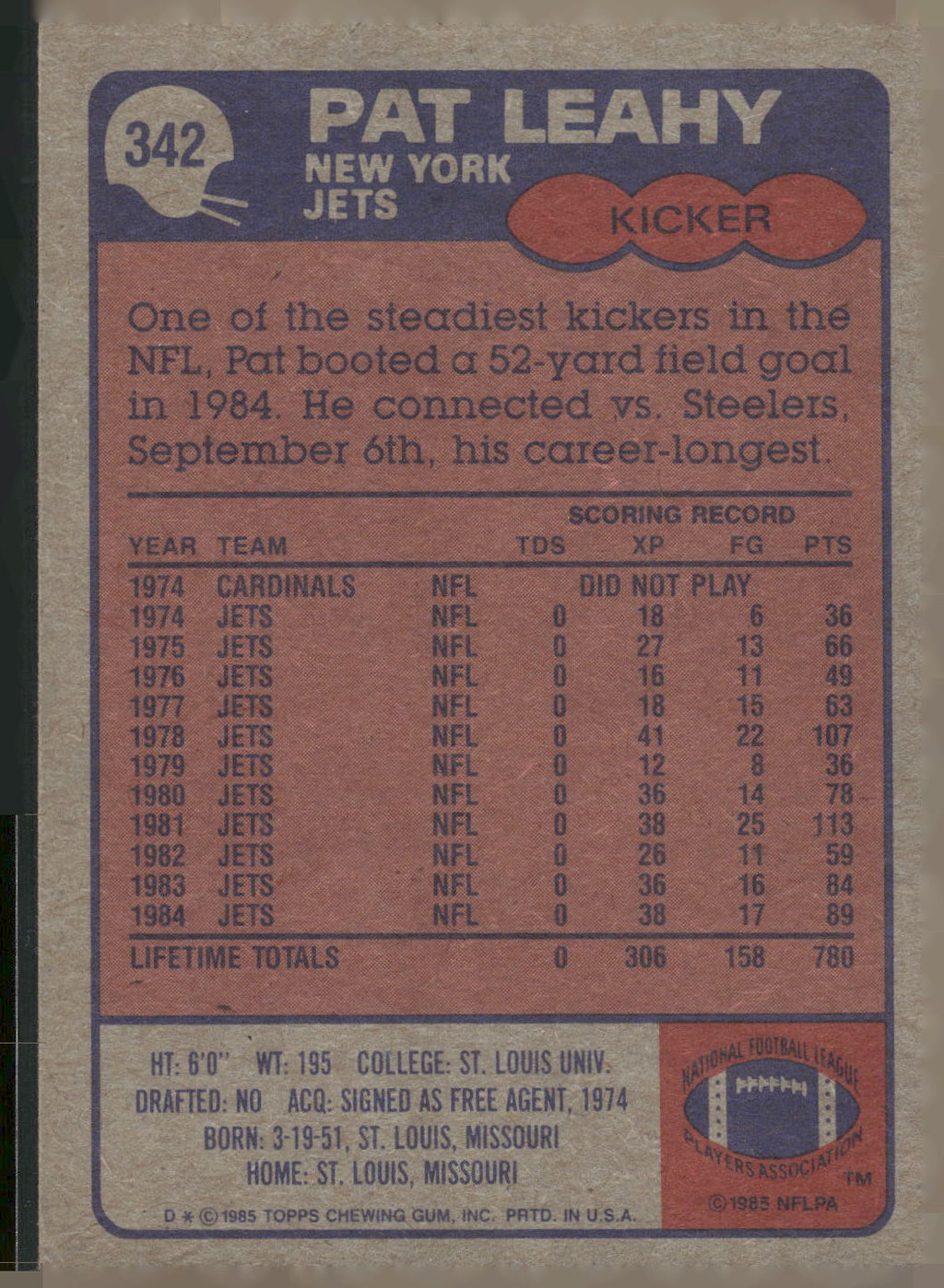 1985 Topps #342 Pat Leahy