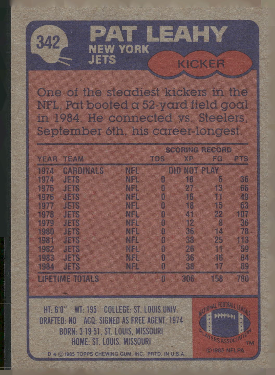 1985 Topps #342 Pat Leahy