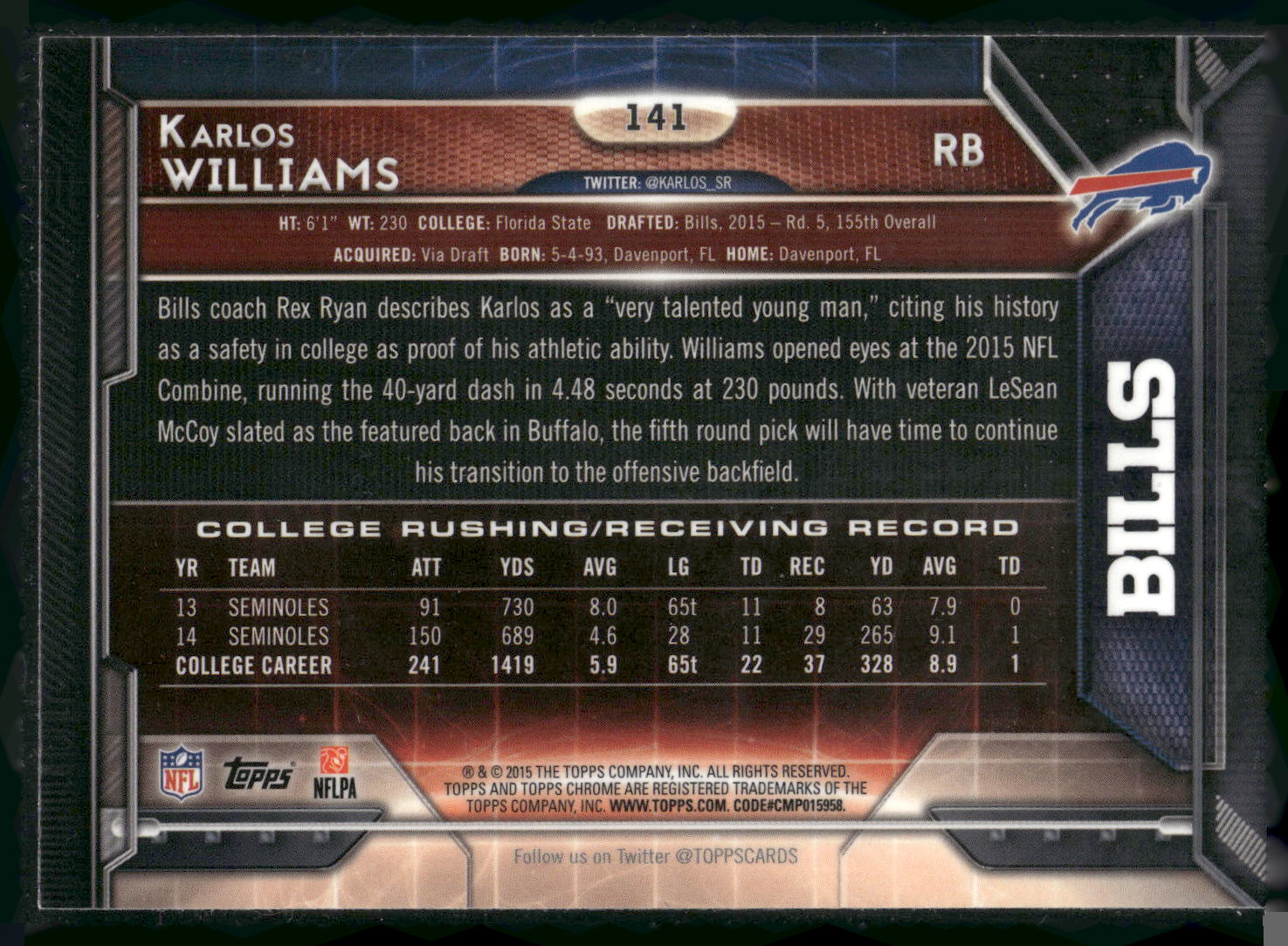 2015 Topps Chrome #141 Karlos Williams