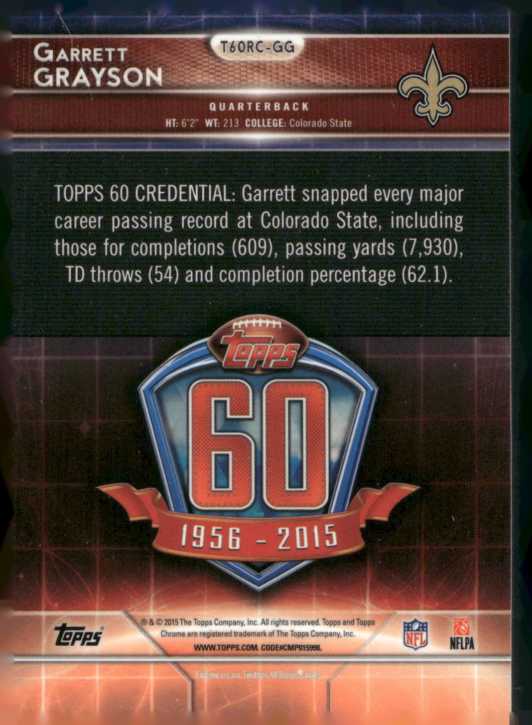 2015 Topps Chrome #T60RC-GG Garrett Grayson 60th Anniversary Rookies