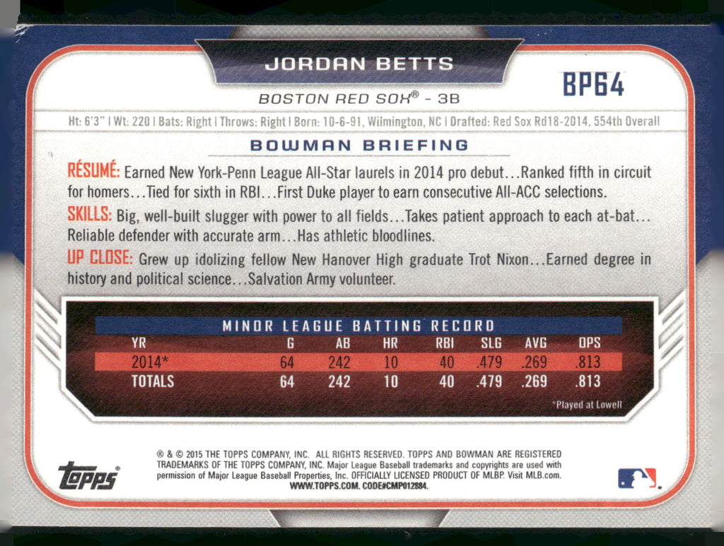 2015 Bowman #BP64 Jordan Betts Prospects
