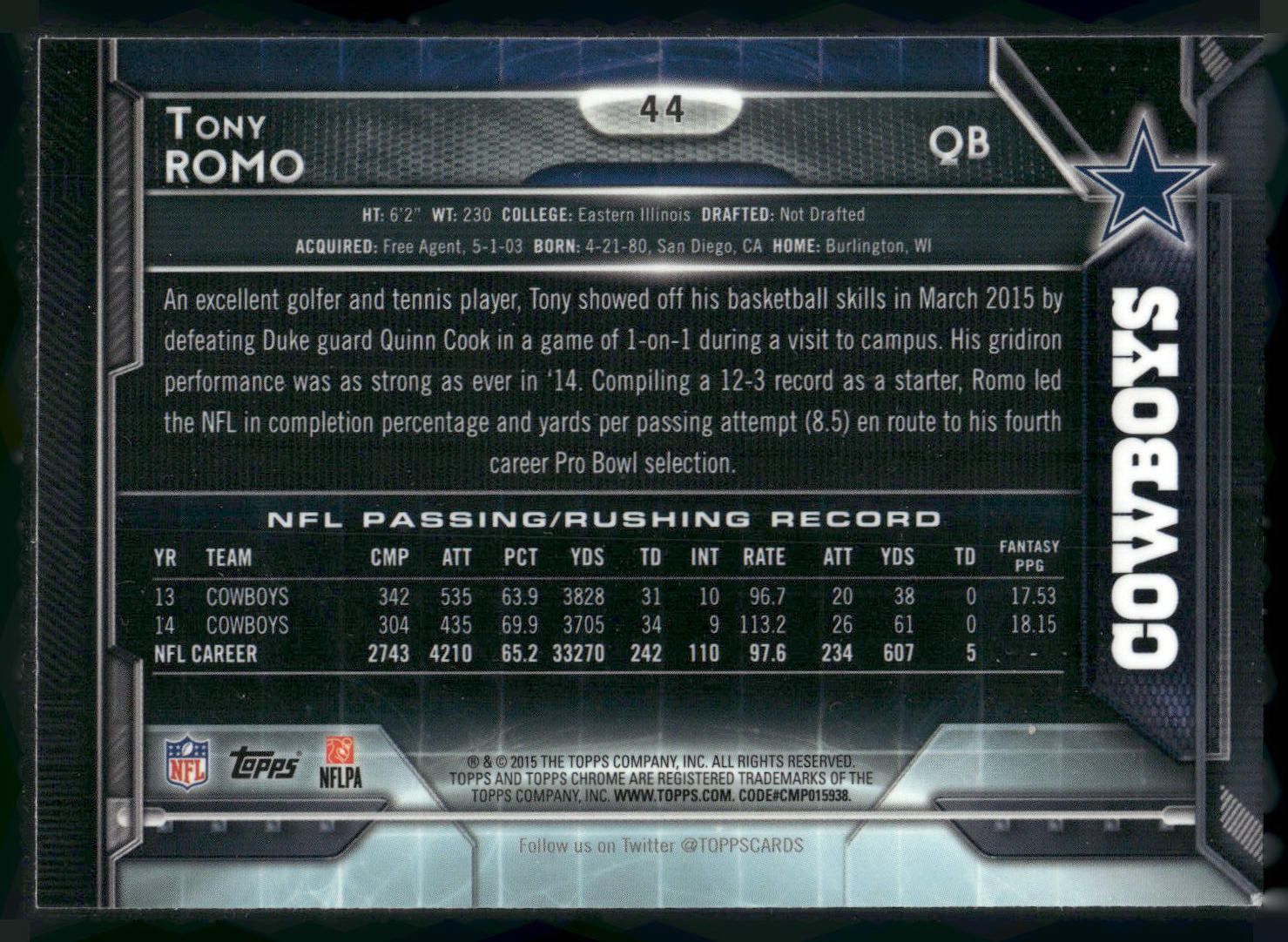2015 Topps Chrome #44 Tony Romo