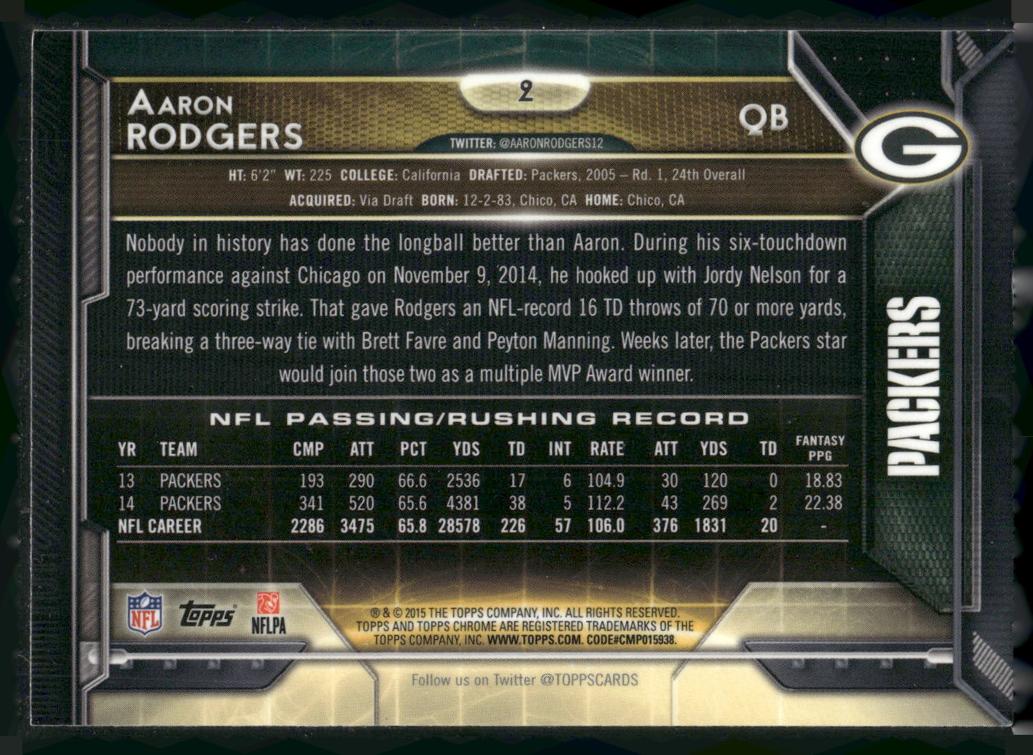 2015 Topps Chrome #2 Aaron Rodgers