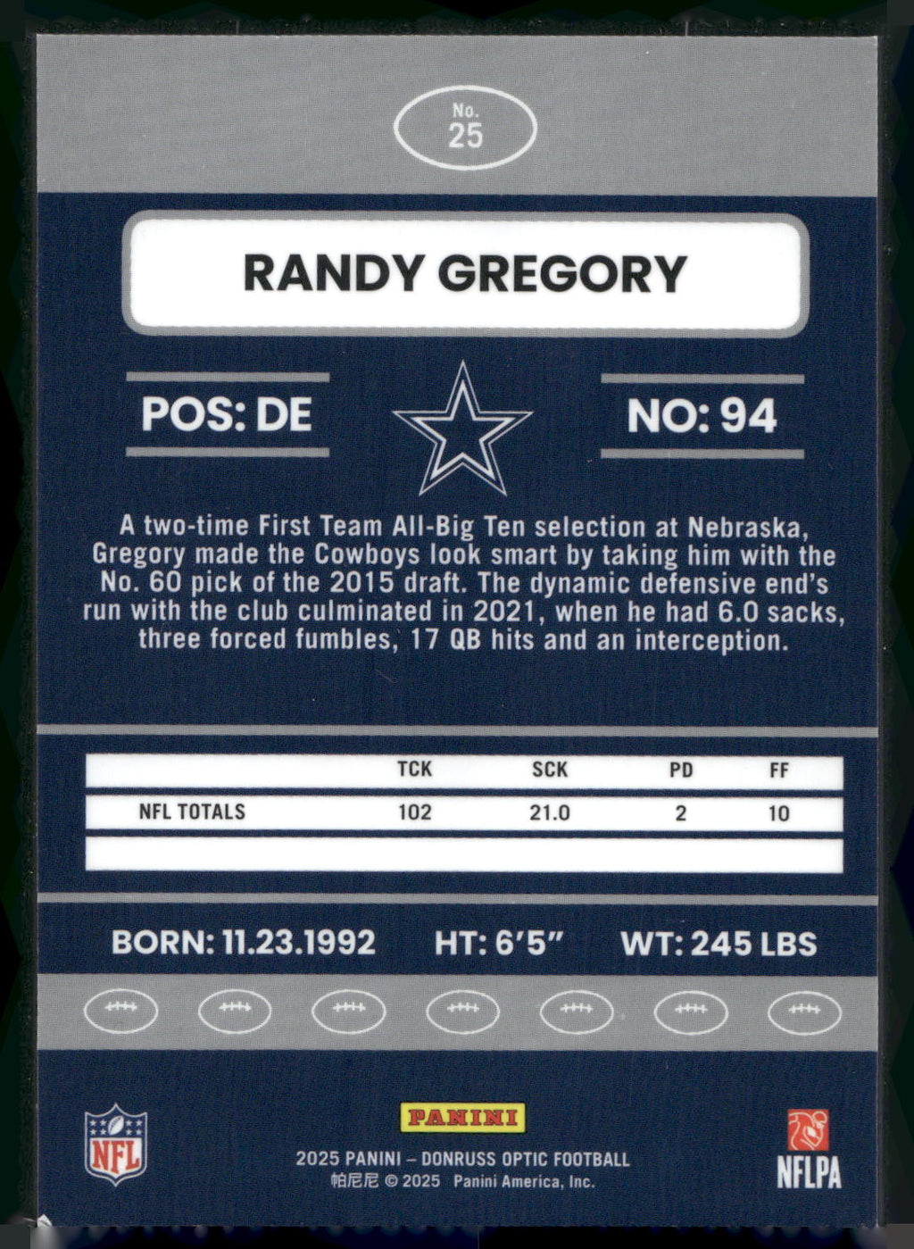 2025 Donruss Optic #25 Randy Gregory 2015 Retro