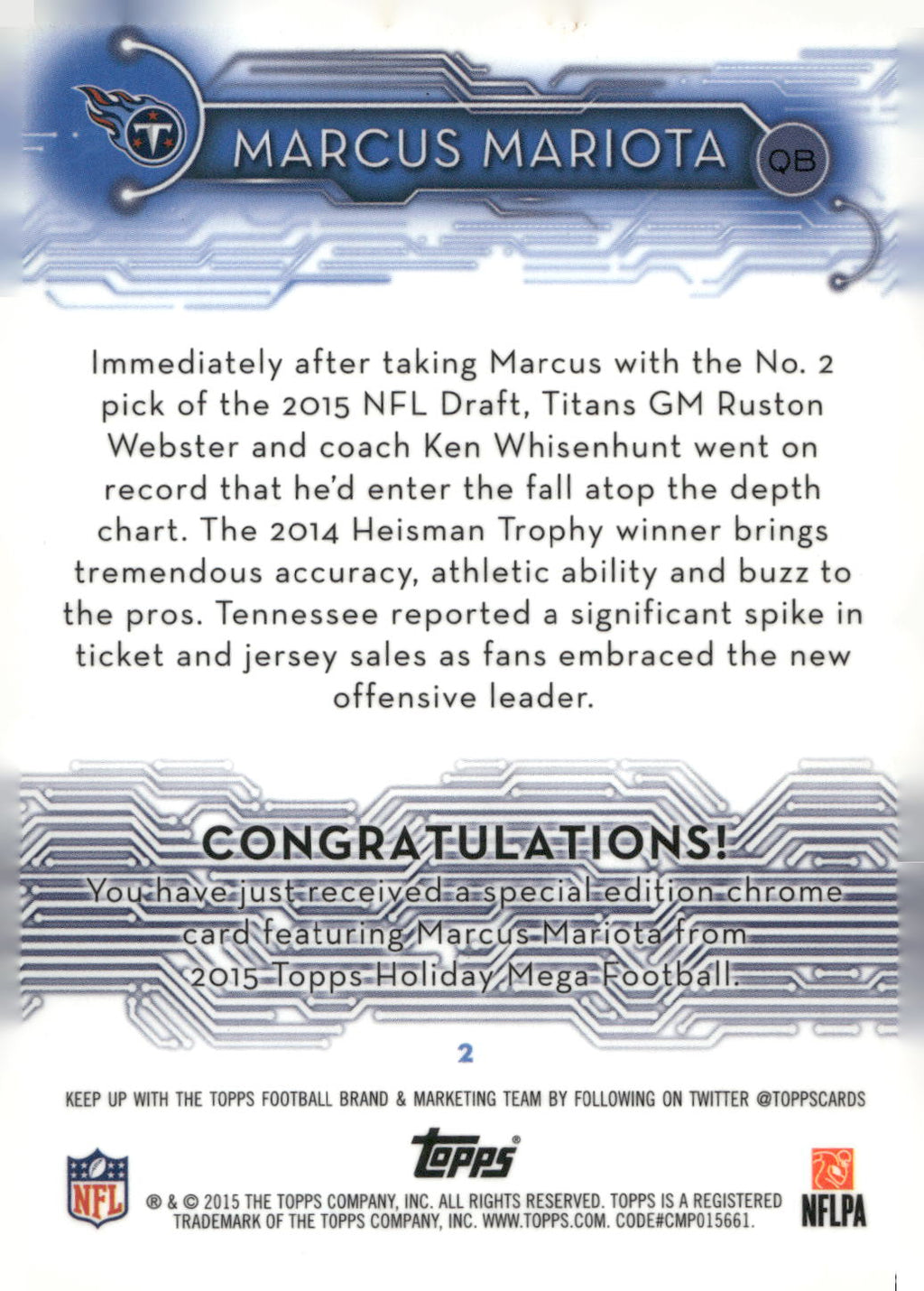 2015 Topps #2 Marcus Mariota Holiday Mega Football