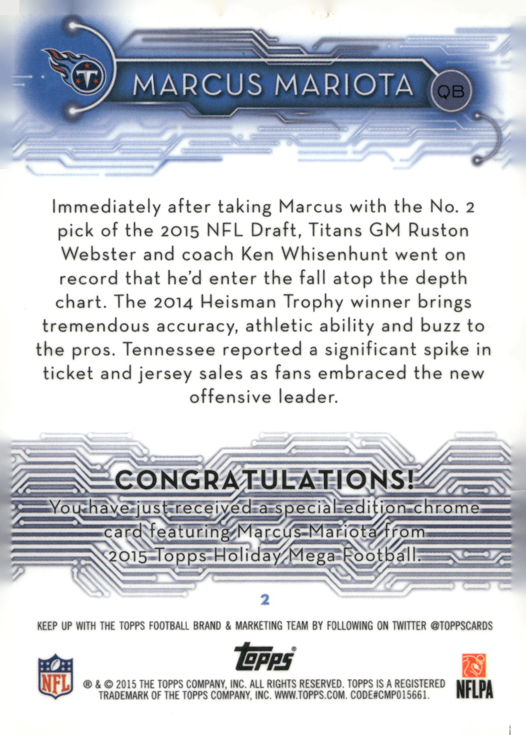 2015 Topps #2 Marcus Mariota Holiday Mega Football