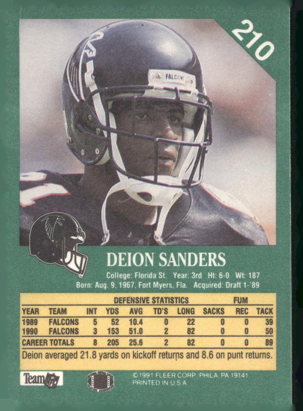 1991 Fleer #210 Deion Sanders