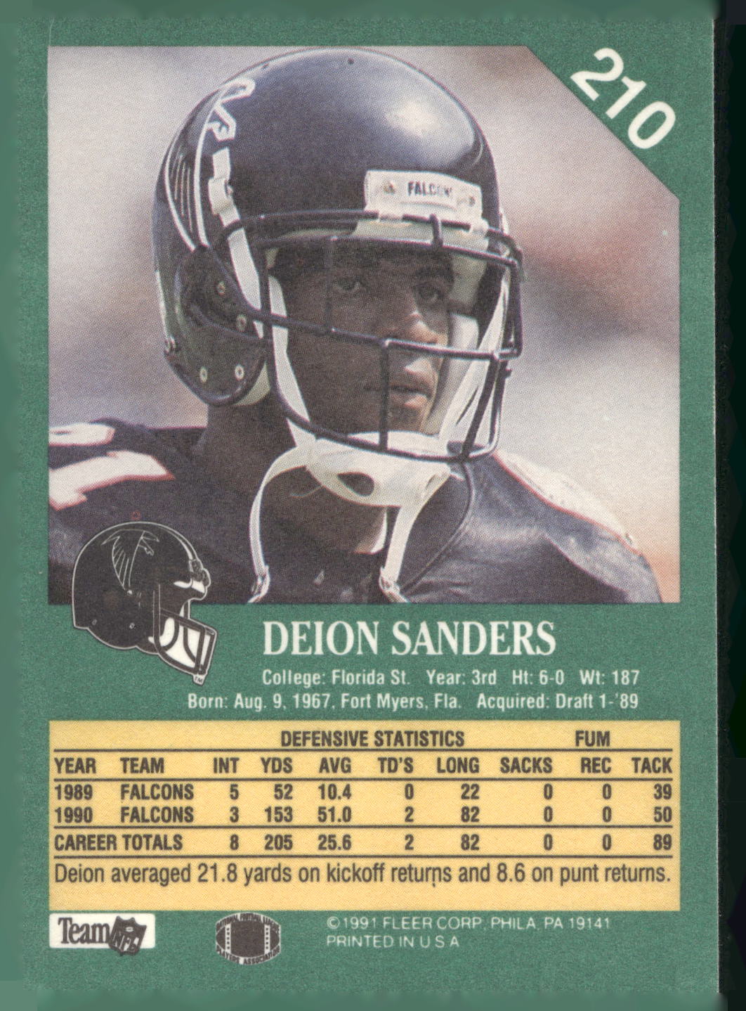 1991 Fleer #210 Deion Sanders