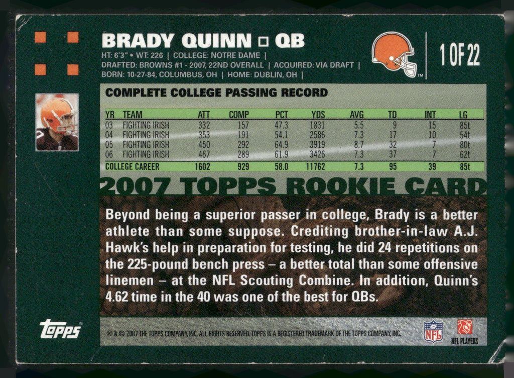2007 Topps #1 Brady Quinn Turn Back the Clock