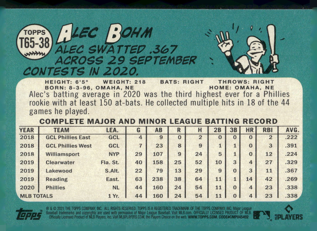 2021 Topps #T65-38 Alec Bohm 1965 Topps Redux