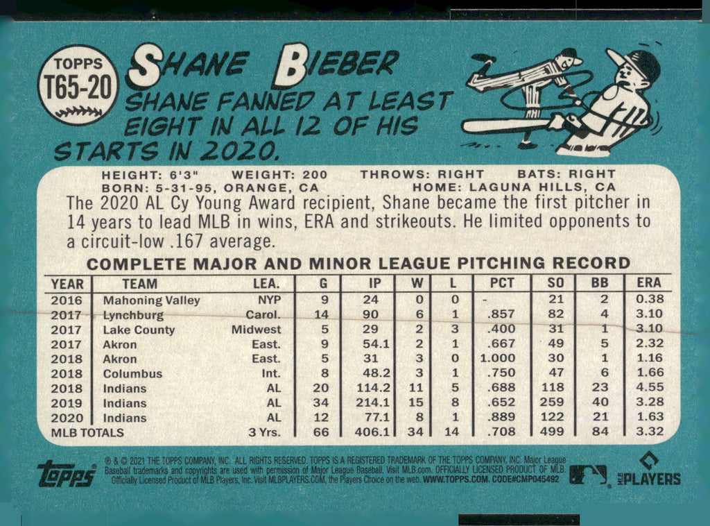 2021 Topps #T65-20 Shane Bieber 1965 Topps Redux