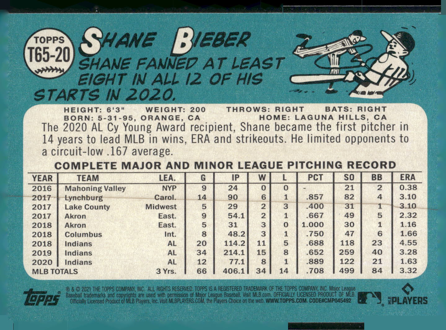 2021 Topps #T65-20 Shane Bieber 1965 Topps Redux