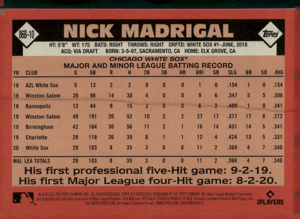 2021 Topps #86B-10 Nick Madrigal 1986 Topps Baseball 35th Anniversary (Series 2)