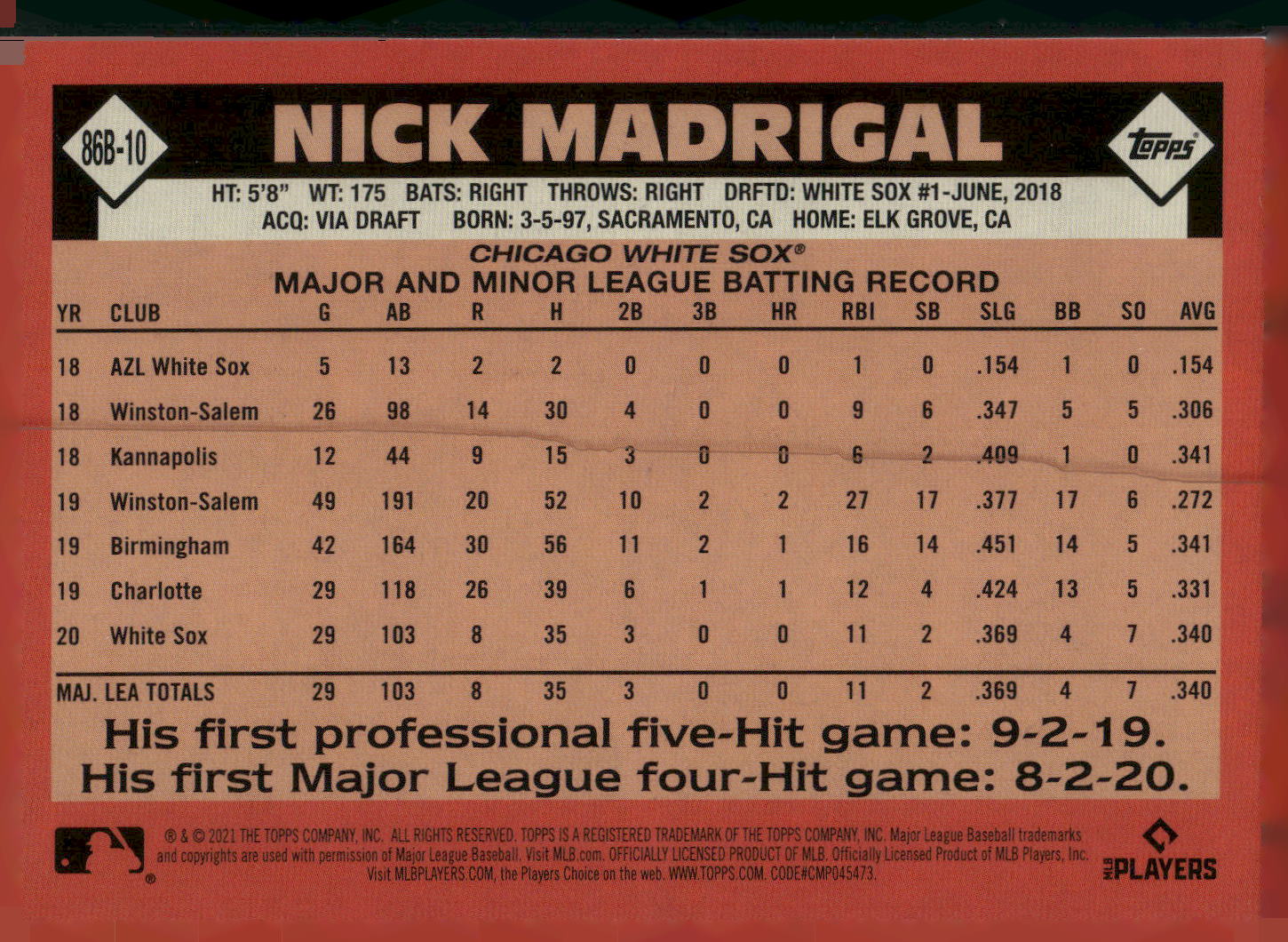 2021 Topps #86B-10 Nick Madrigal 1986 Topps Baseball 35th Anniversary (Series 2)
