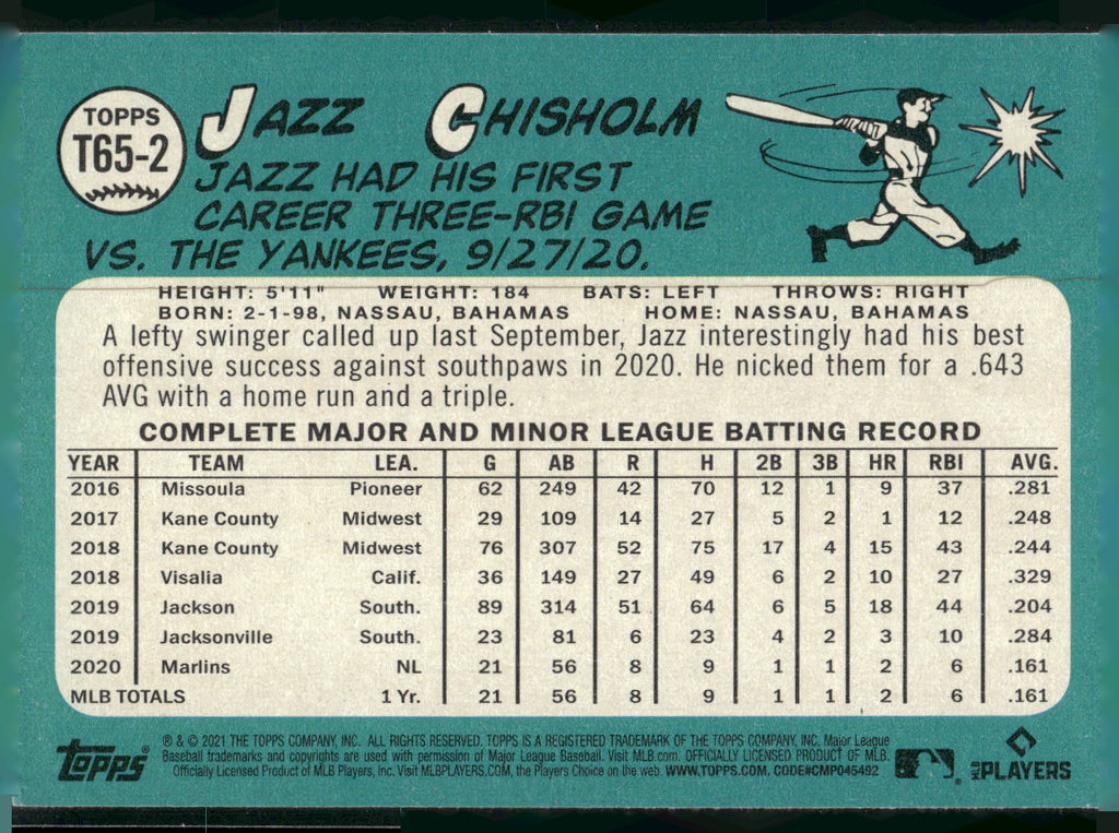 2021 Topps #T65-2 Jazz Chisholm 1965 Topps Redux