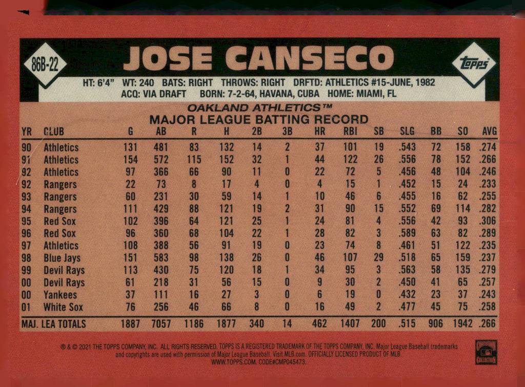 2021 Topps #86B-22 Jose Canseco 1986 Topps Baseball 35th Anniversary (Series 2)