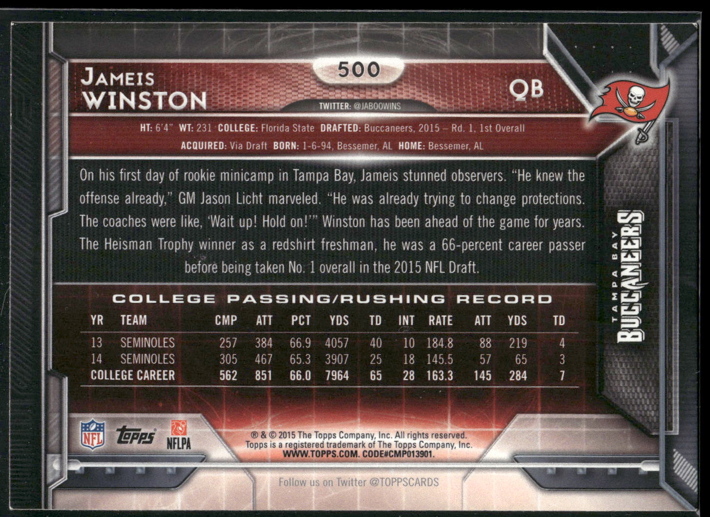 2015 Topps #500b Jameis Winston