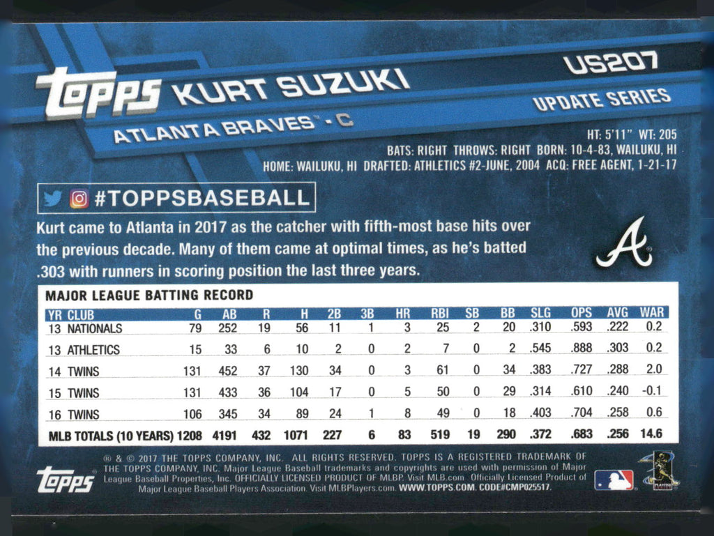 2017 Topps Update #US207 Kurt Suzuki