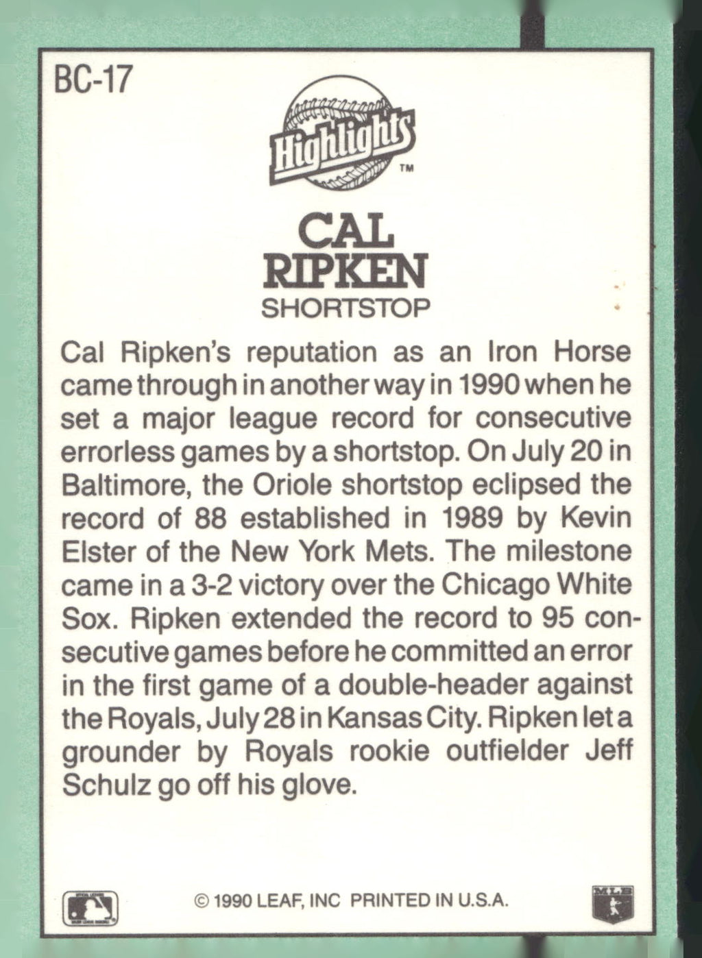 1991 Donruss #BC-17 Cal Ripken Jr. Bonus Cards