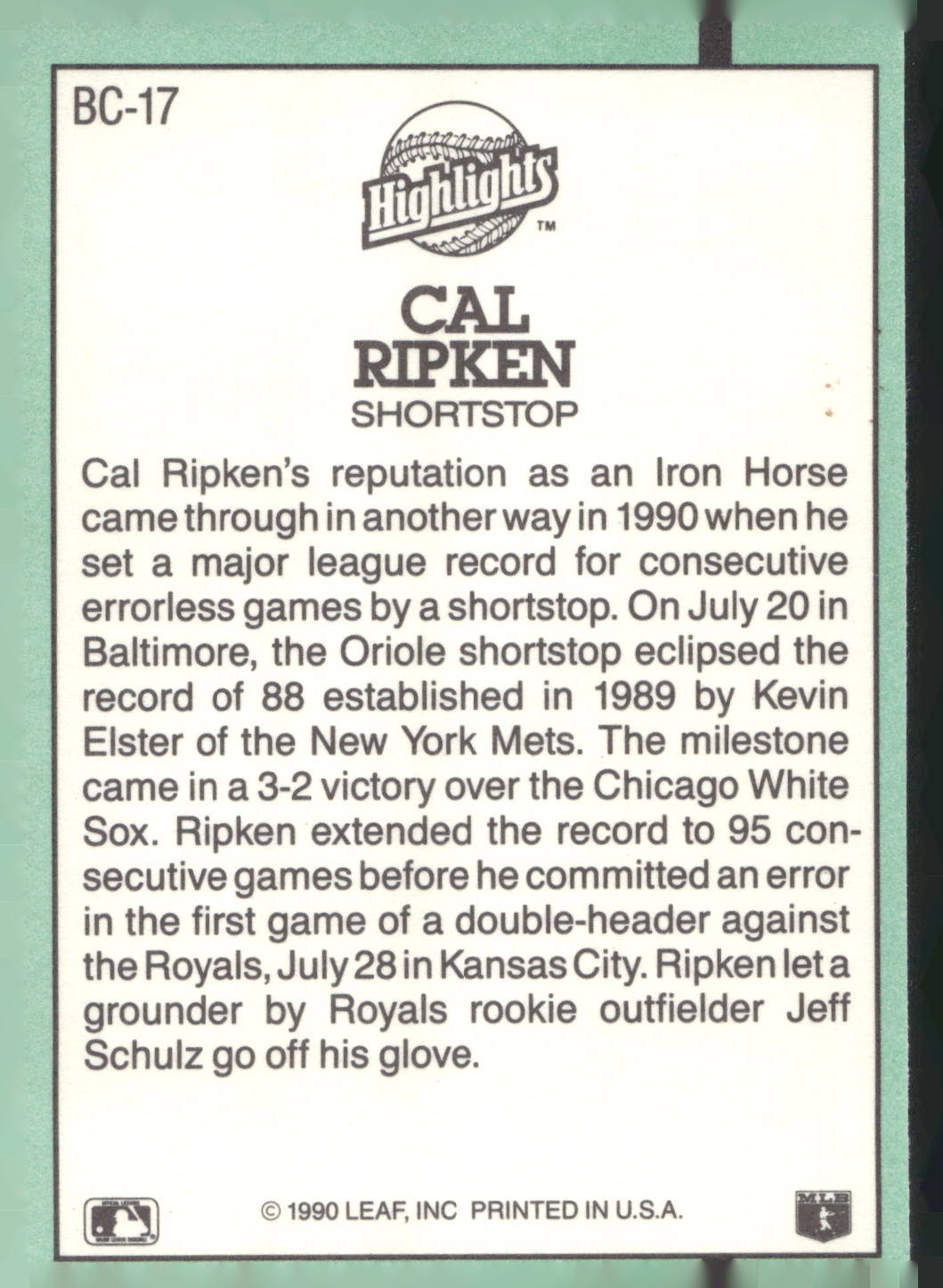 1991 Donruss #BC-17 Cal Ripken Jr. Bonus Cards
