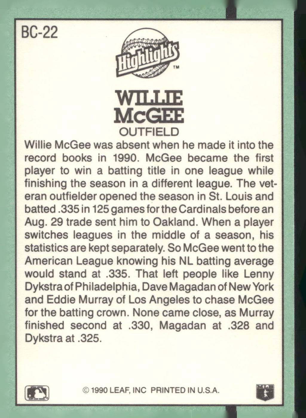 1991 Donruss #BC-22 Willie McGee Bonus Cards