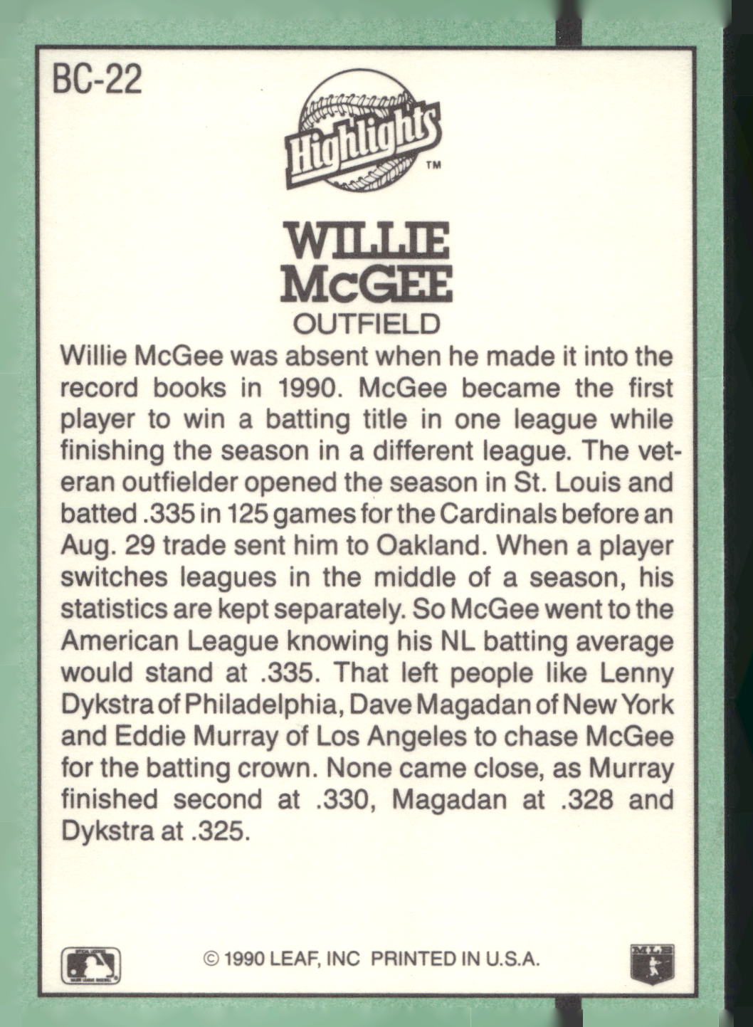 1991 Donruss #BC-22 Willie McGee Bonus Cards