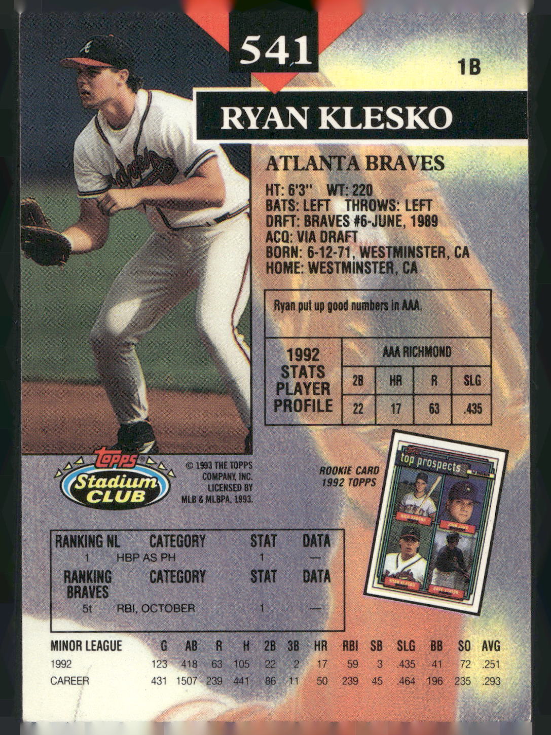 1993 Stadium Club #541 Ryan Klesko