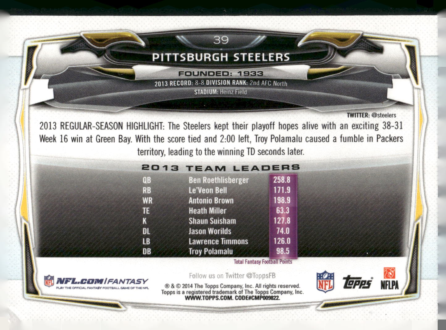 2014 Topps #39 Pittsburgh Steelers