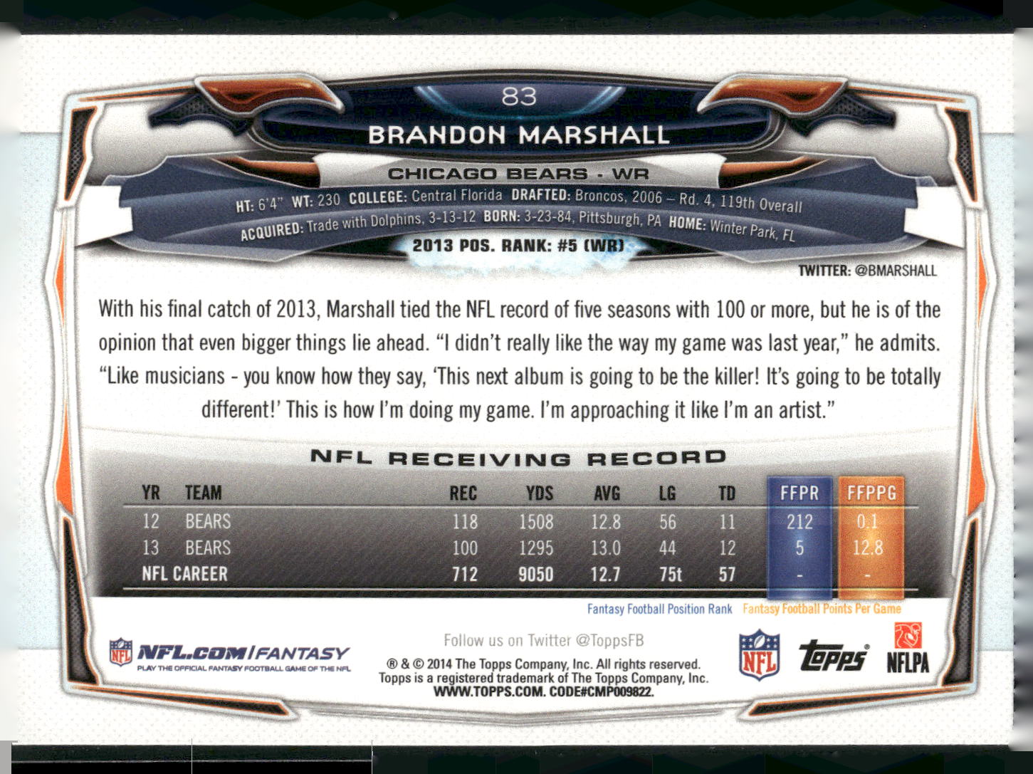2014 Topps #83 Brandon Marshall