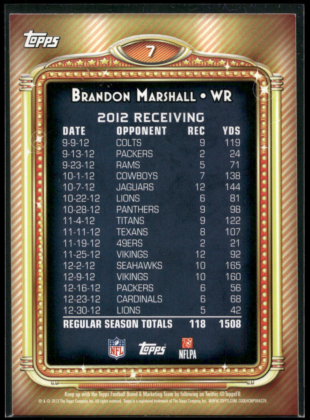 2013 Topps #7 Brandon Marshall 1000 Yard Club