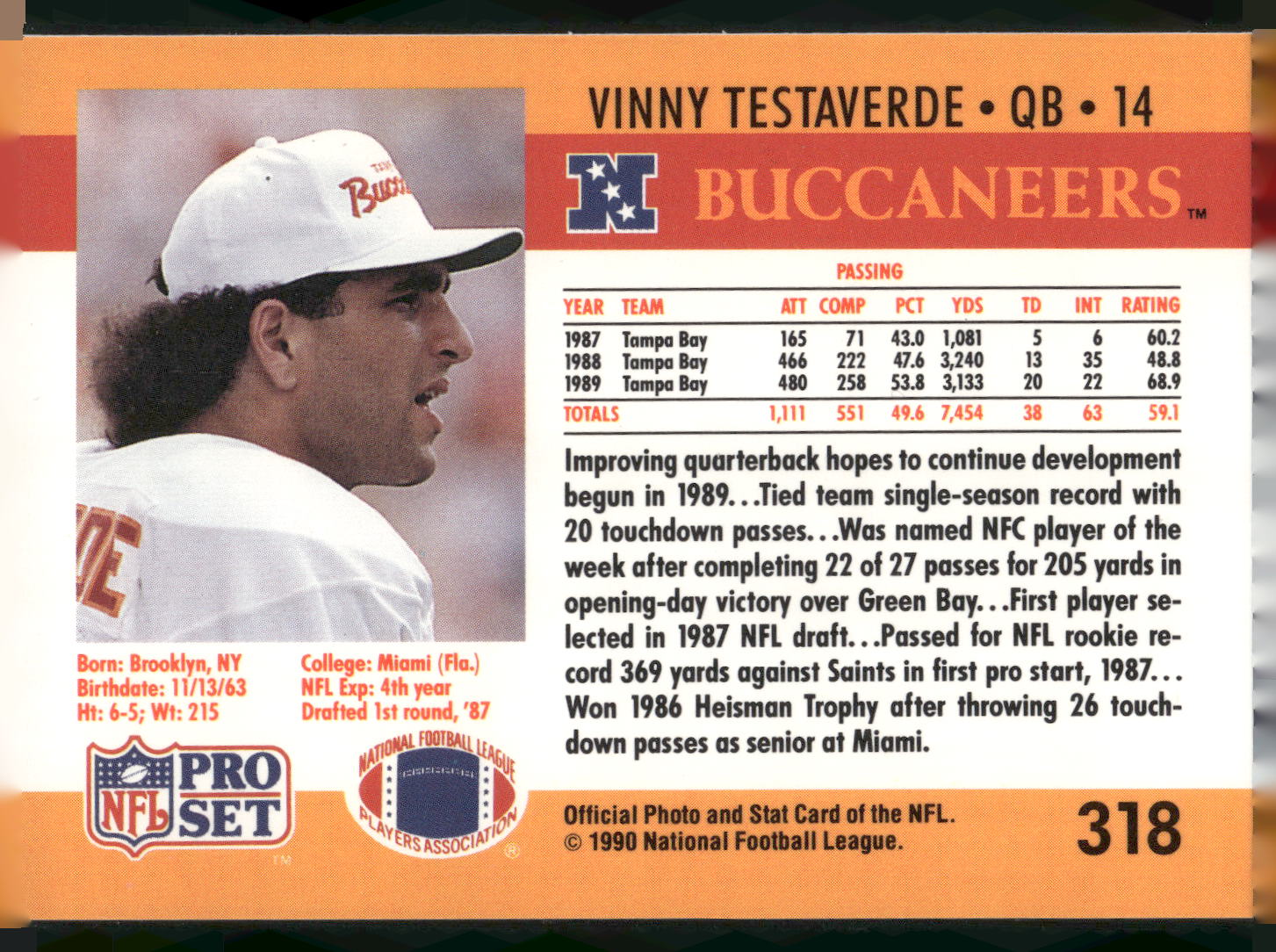 1990 Pro Set #318 Vinny Testaverde