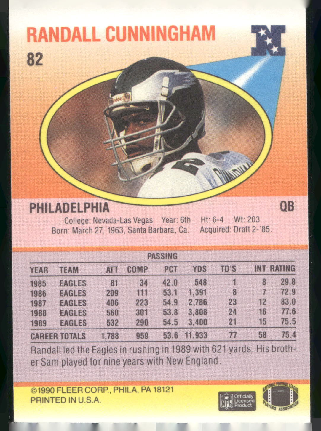 1990 Fleer #82 Randall Cunningham