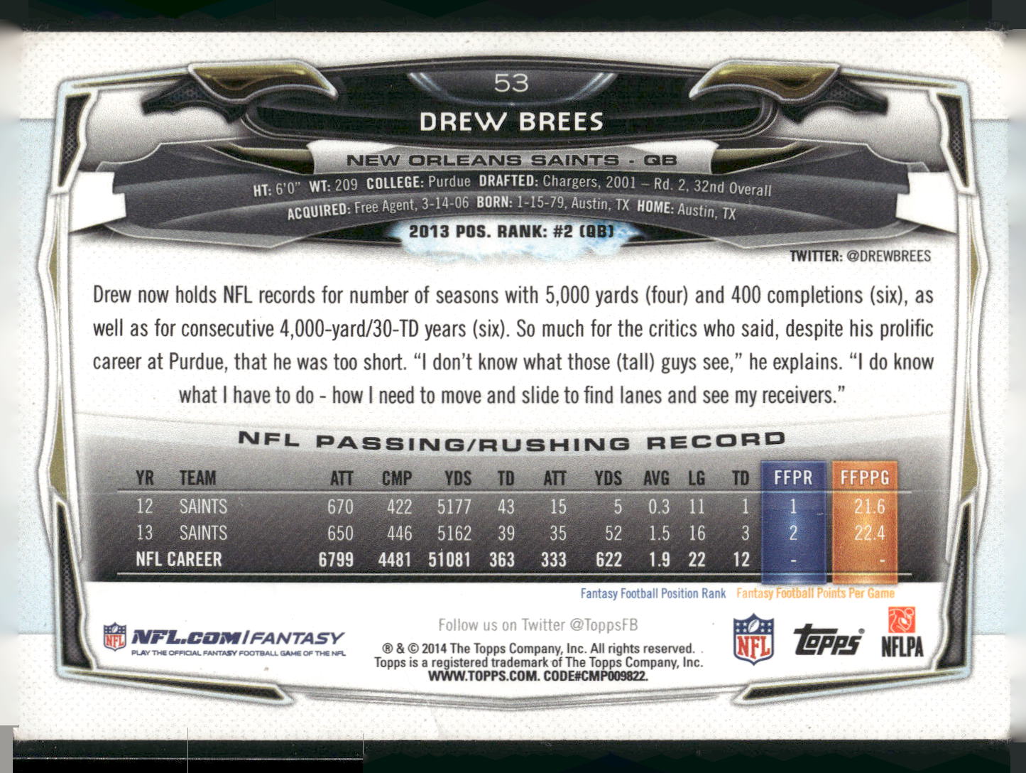 2014 Topps #53 Drew Brees