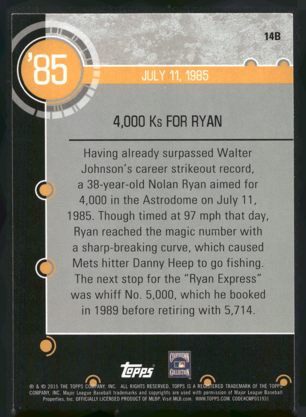 2015 Topps #14B Nolan Ryan Baseball History