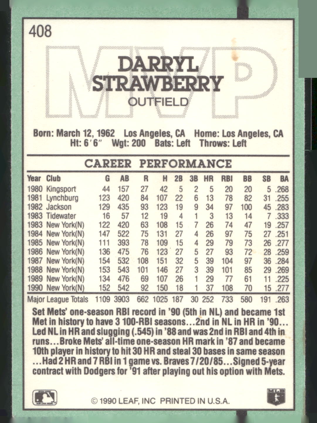1991 Donruss #408 Darryl Strawberry