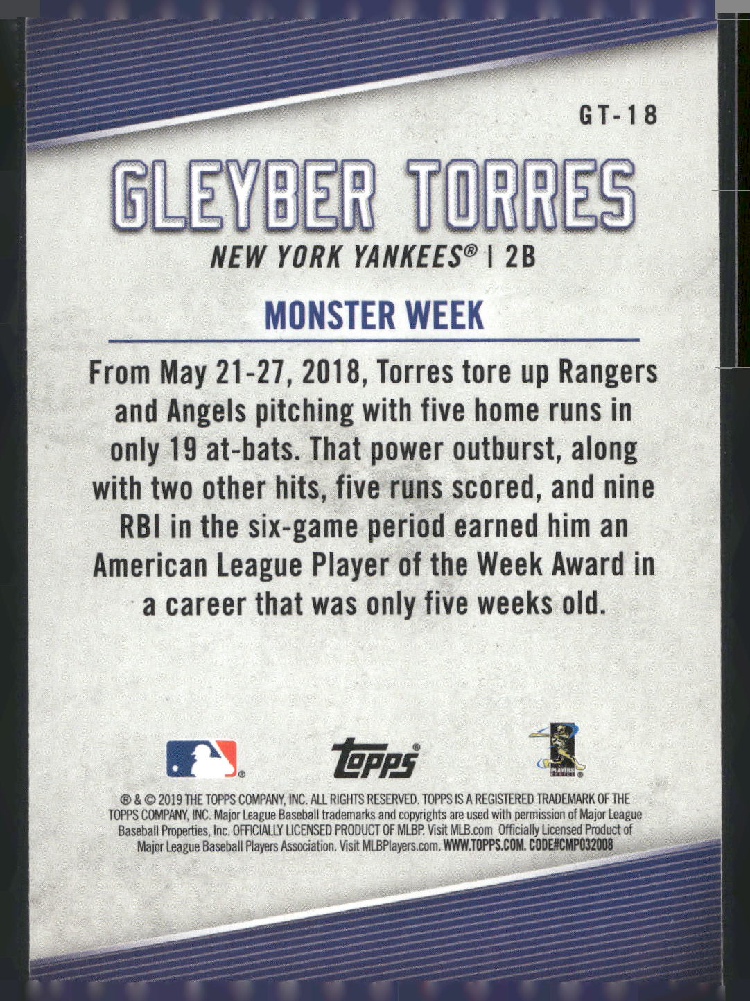 2019 Topps #GT-18 Gleyber Torres Gleyber Torres Star Player Highlights