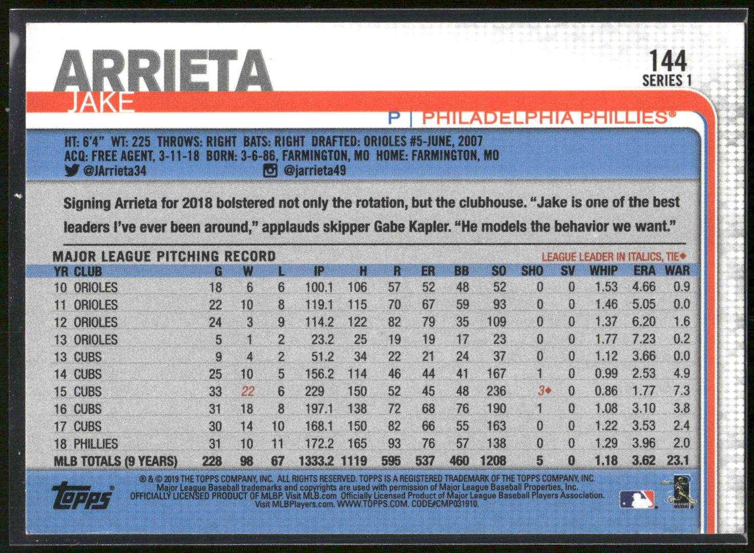 2019 Topps #144 Jake Arrieta