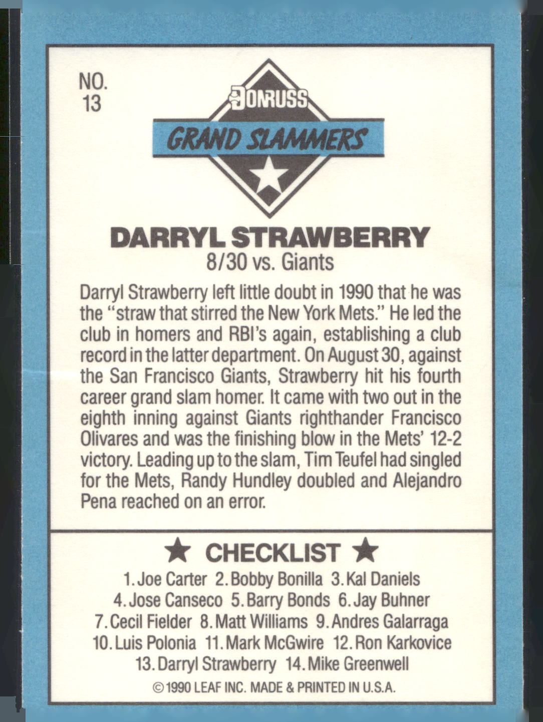 1991 Donruss #13a Darryl Strawberry Grand Slammers