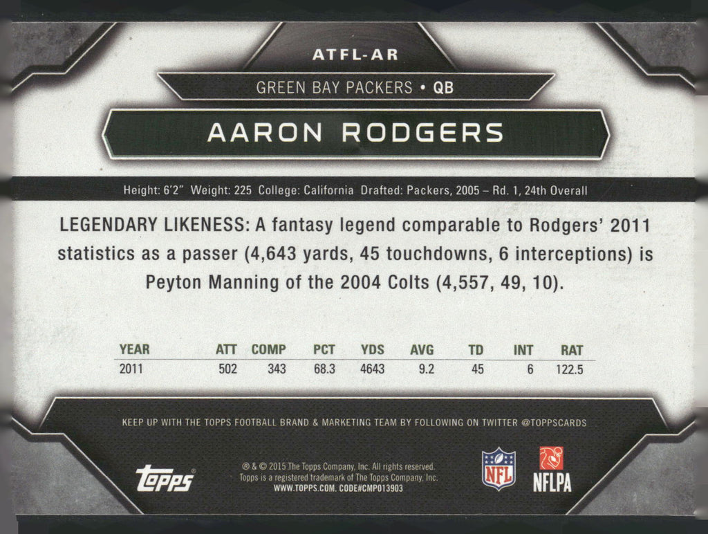 2015 Topps #ATFL-AR Aaron Rodgers All Time Fantasy Legends