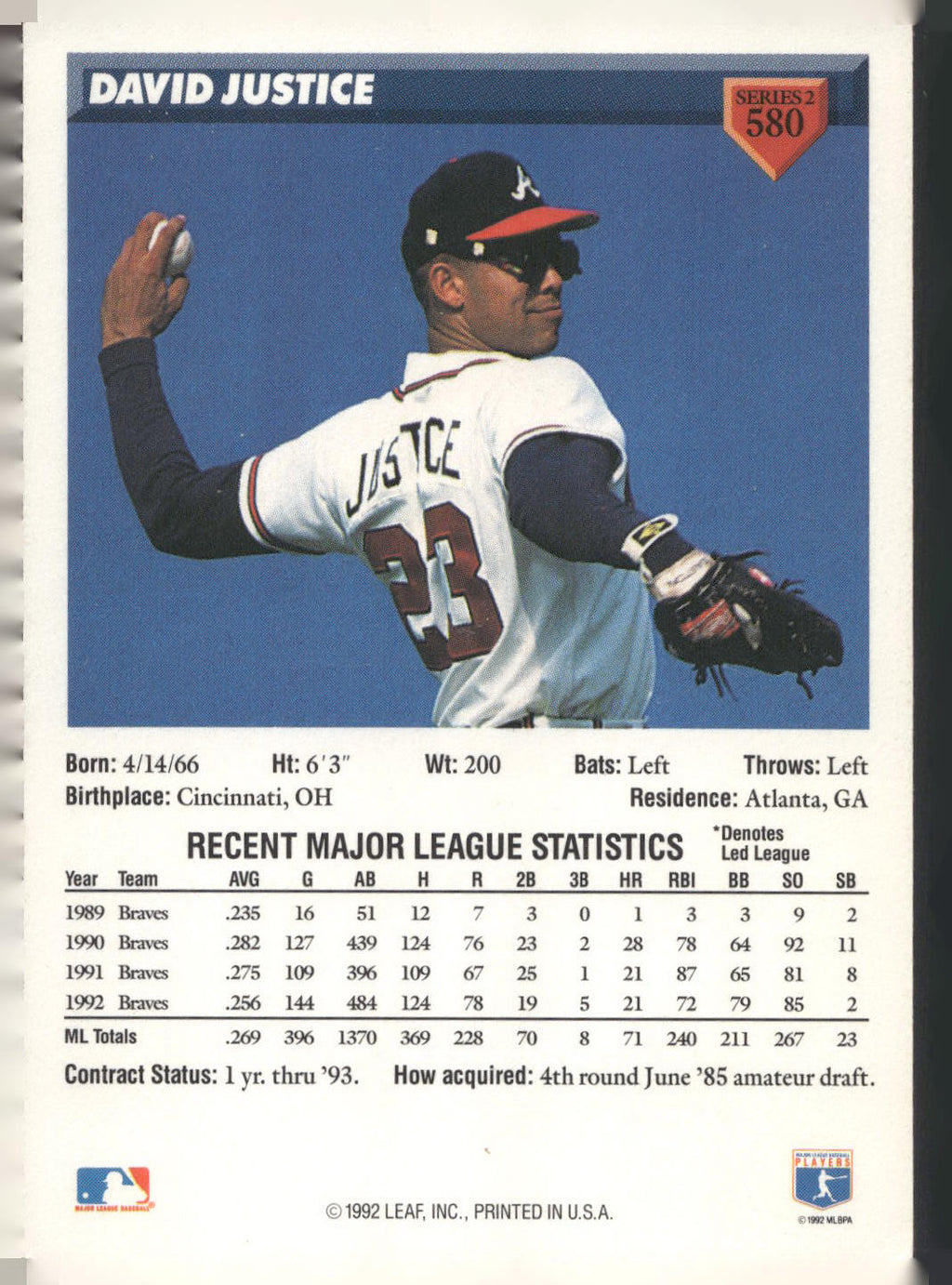 1993 Donruss #580 David Justice