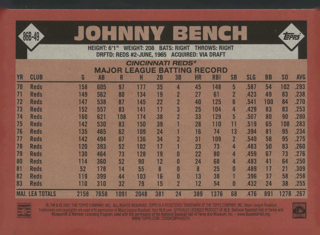2021 Topps #86B-49 Johnny Bench 1986 Topps Baseball 35th Anniversary (Series 1)