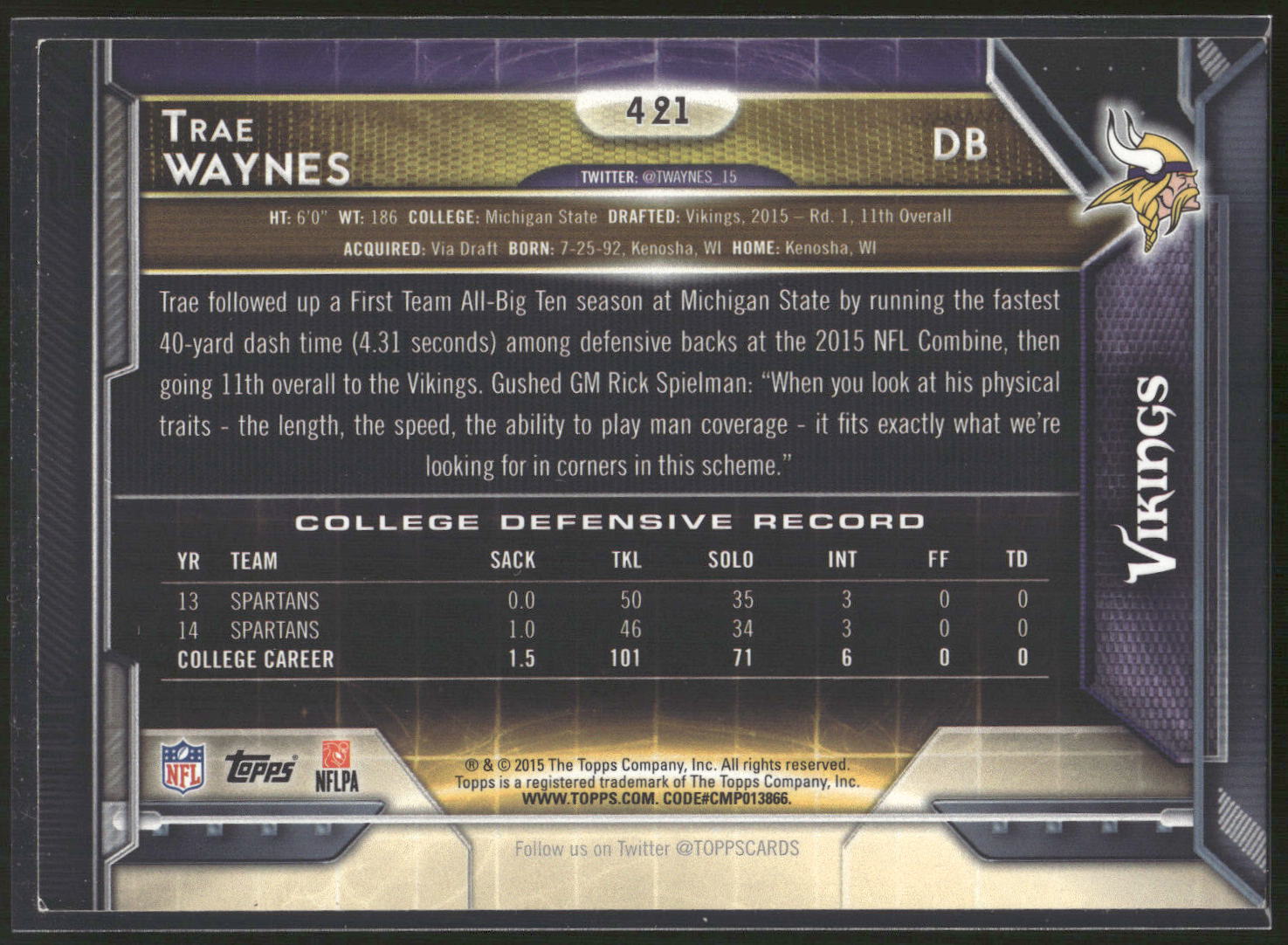 2015 Topps #421 Trae Waynes