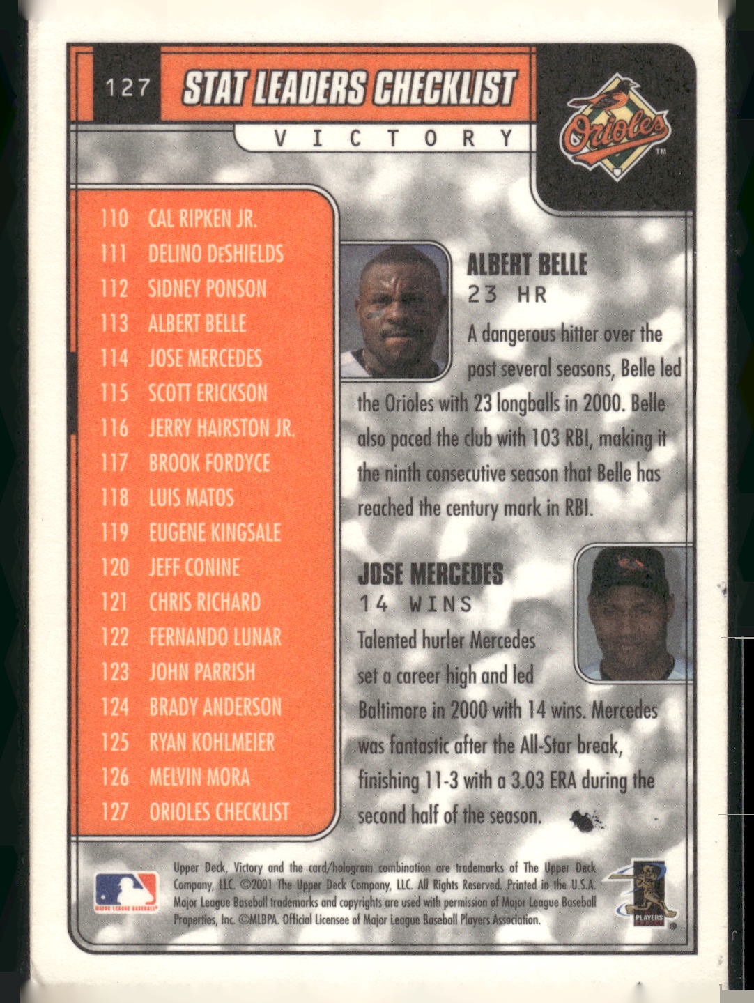 2001 Upper Deck Victory #127 Albert Belle / Jose Mercedes