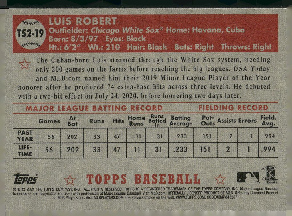 2021 Topps #T52-19 Luis Robert 1952 Topps Redux